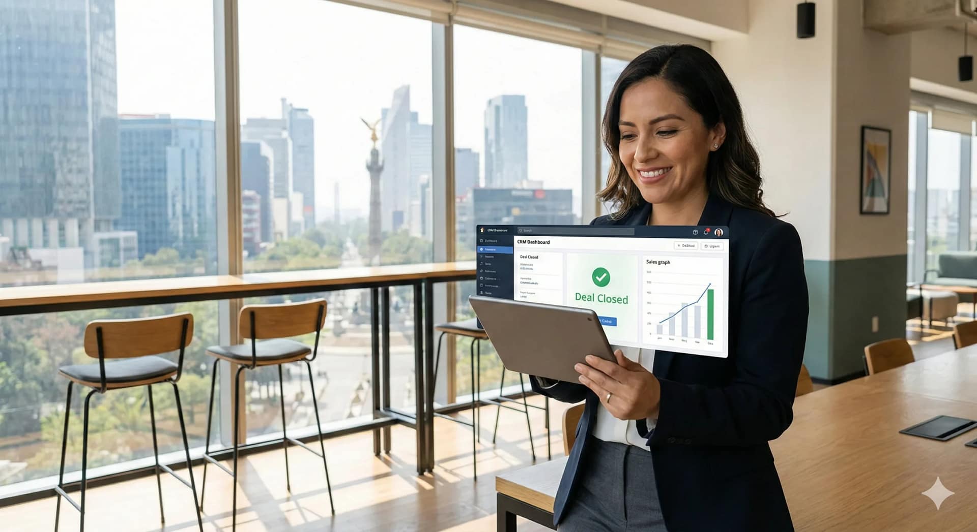 CRM en línea: Ejecutiva de ventas cerrando tratos gracias a la adopción de IA y procesos limpios, logrando un aumento del 300% en conversión.