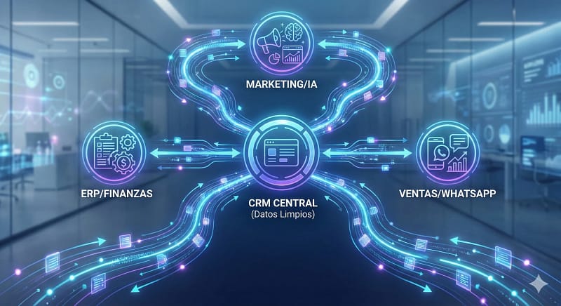 Visualización de interoperabilidad digital: un CRM en línea centralizado que conecta ERP, marketing y ventas eliminando los silos de datos.