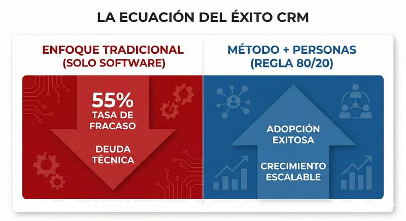 CRM en línea: Infografía de la Regla 80/20: Por qué el software es solo el 20% de la solución y el método representa el 80% del éxito en el CRM.