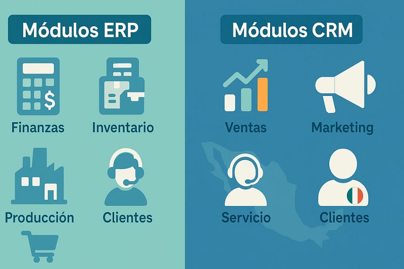 Diferentes módulos de ERP y CRM
